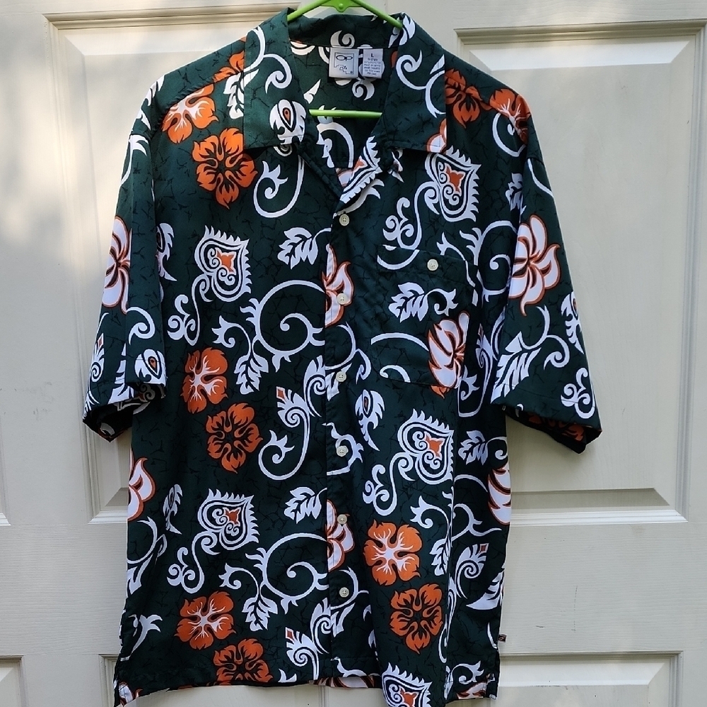 OP Large Green Orange Casual Button Down Shirt Floral Design Hawaiian Y2K